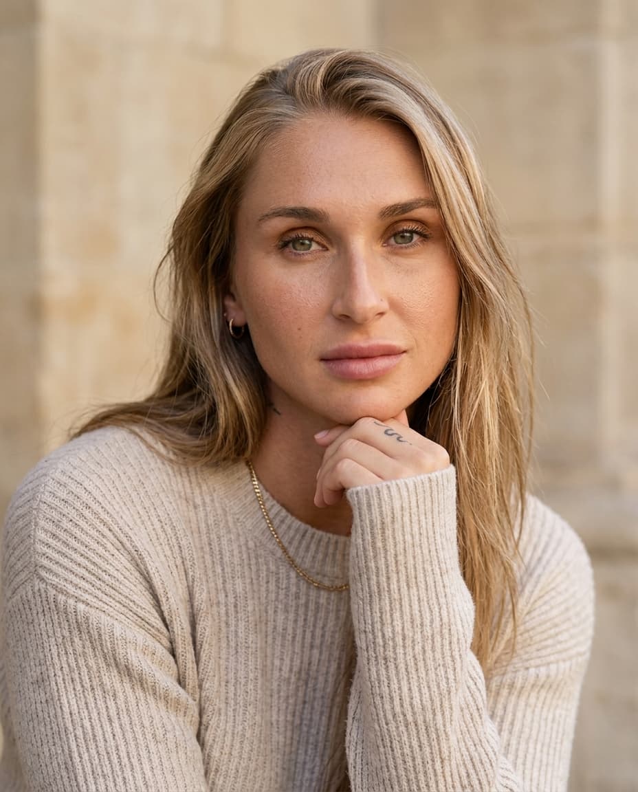 Warm portrait of Summer in a neutral knit, framed closely and calmly.