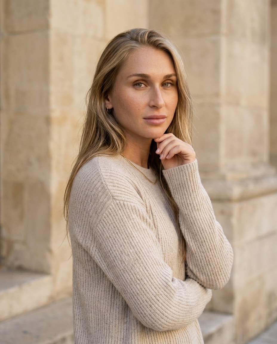 Three-quarter portrait of Summer standing against stone architecture.