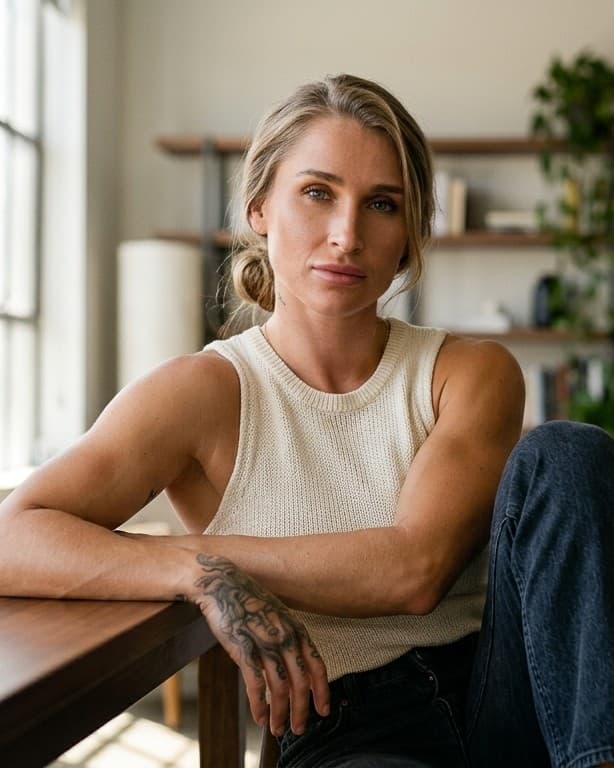 Summer seated in a calm interior, ready for inquiries about training or campaigns.