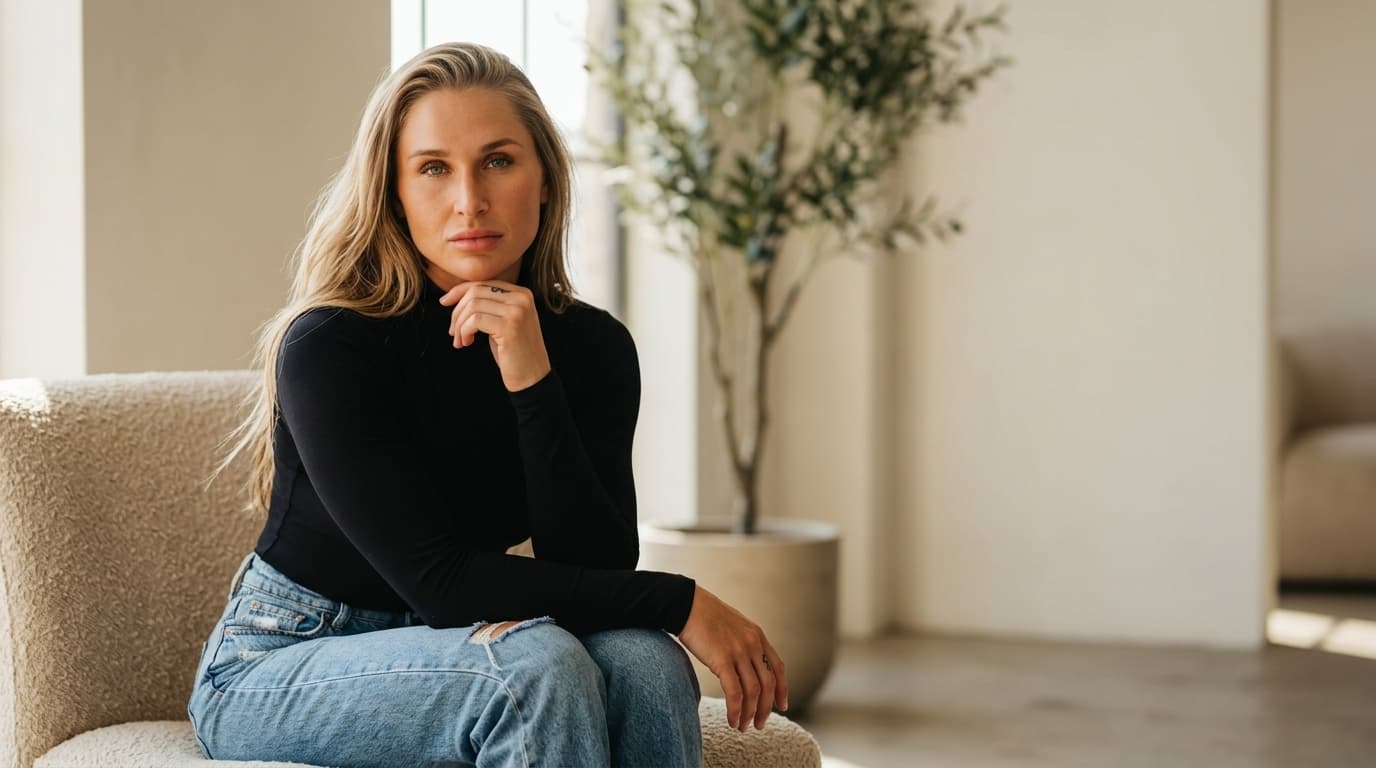 Summer seated in a calm interior setting with strong natural light.