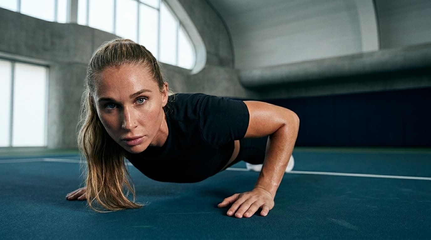 Summer performing a push-up on a court, showing strength and control.