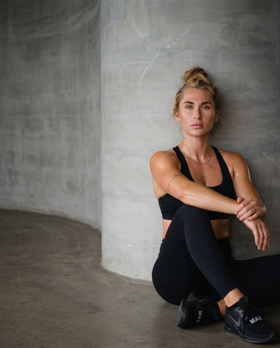 Summer seated on a gym floor after training, composed and focused.